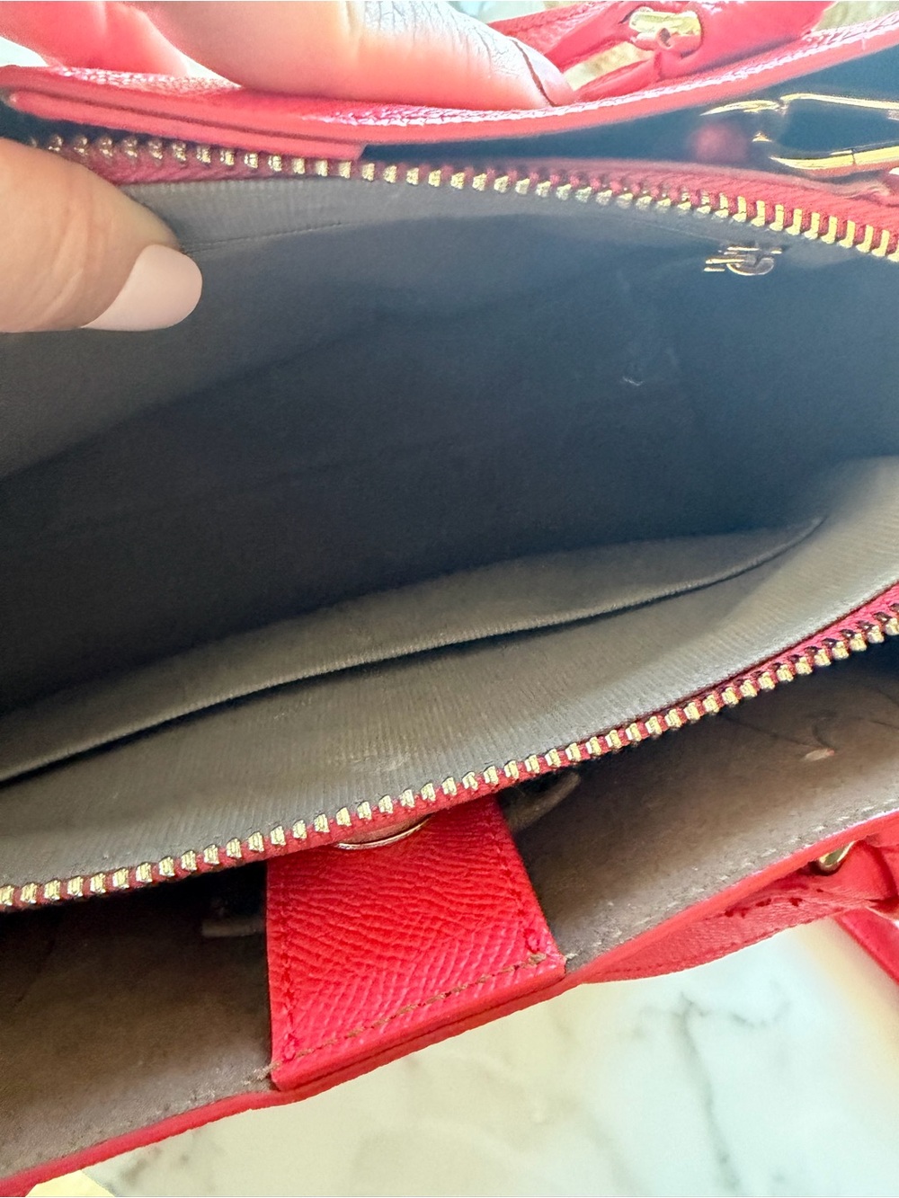 Furla Red Leather Double-Compartment satchel purse with Gold Hardware - Picture 4 of 7